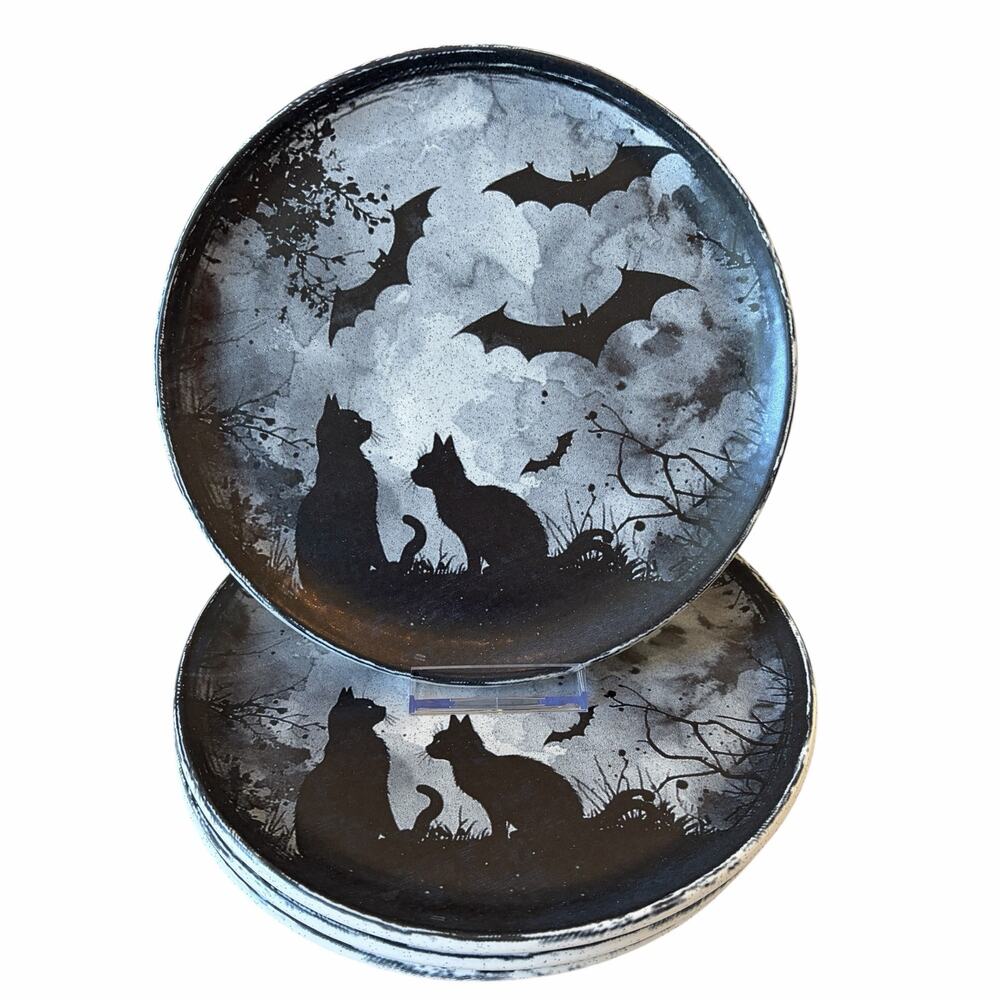 Halloween CAT & BATS Salad Plates 4pc 8in Matte Black Made in Columbia NEW